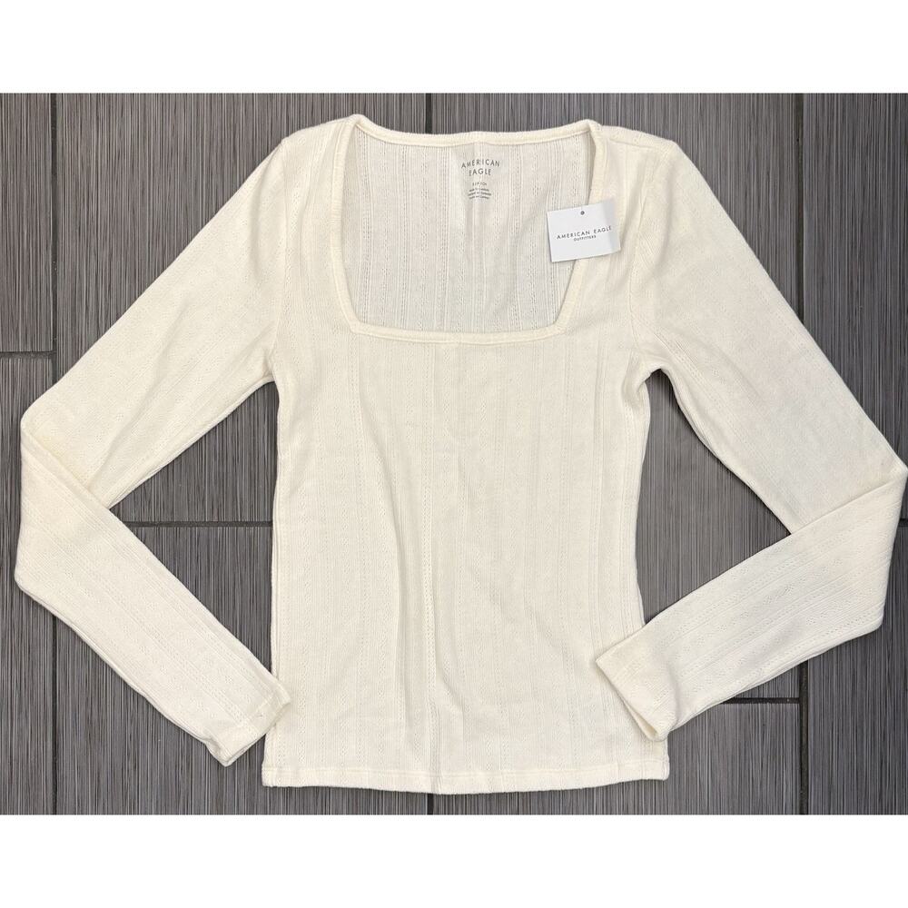 American Eagle Pointelle Square Neck Top Women's Small Cream Soft Long Sleeve